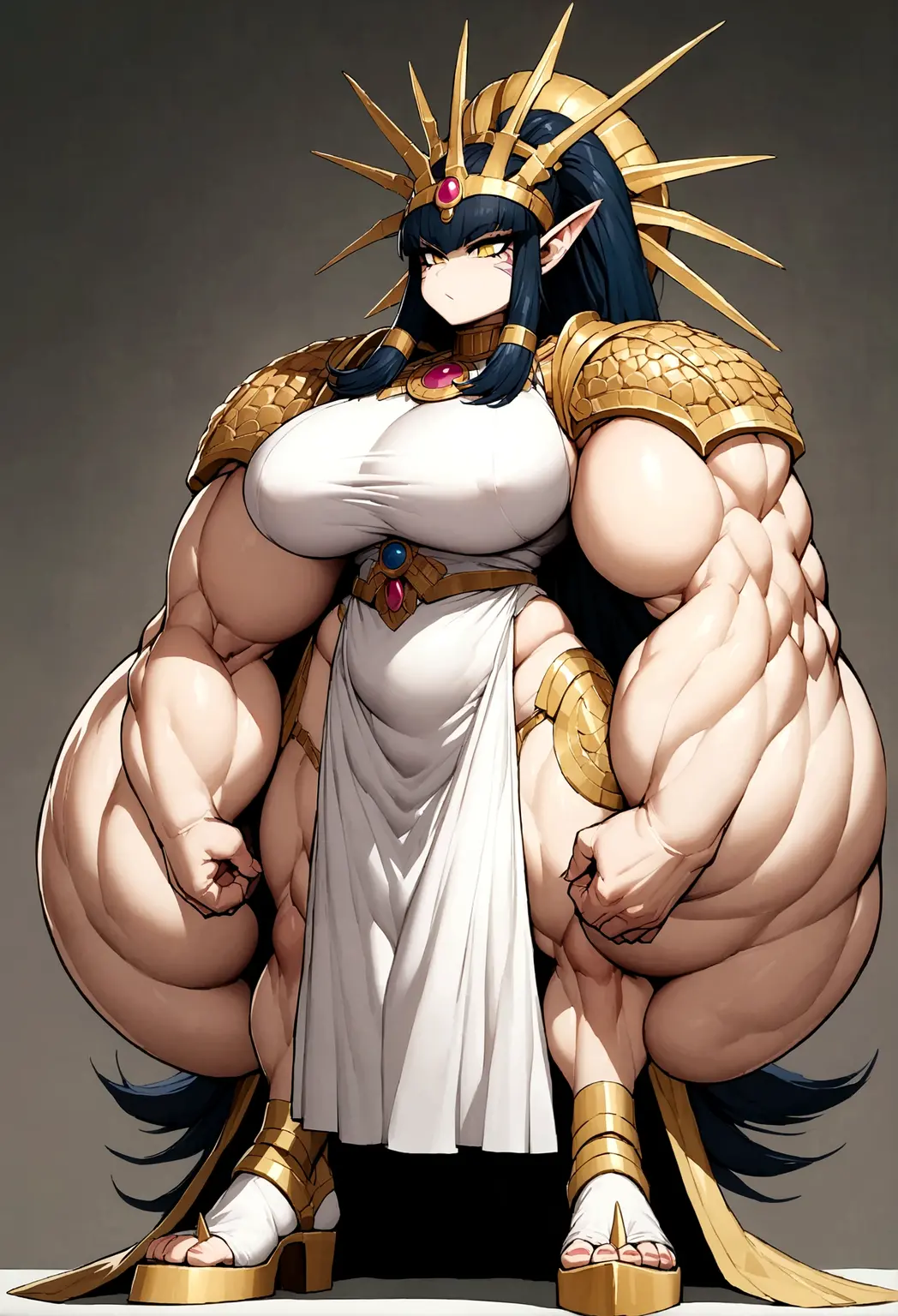 Cleopatra with extreme muscular body, gigantic muscular arms, gigantic muscular tights, samurai outfit, ninja mask, dragon tail, dragon horns, dragon wings, fair skin, black hair with ponytail and gigantic breasts.