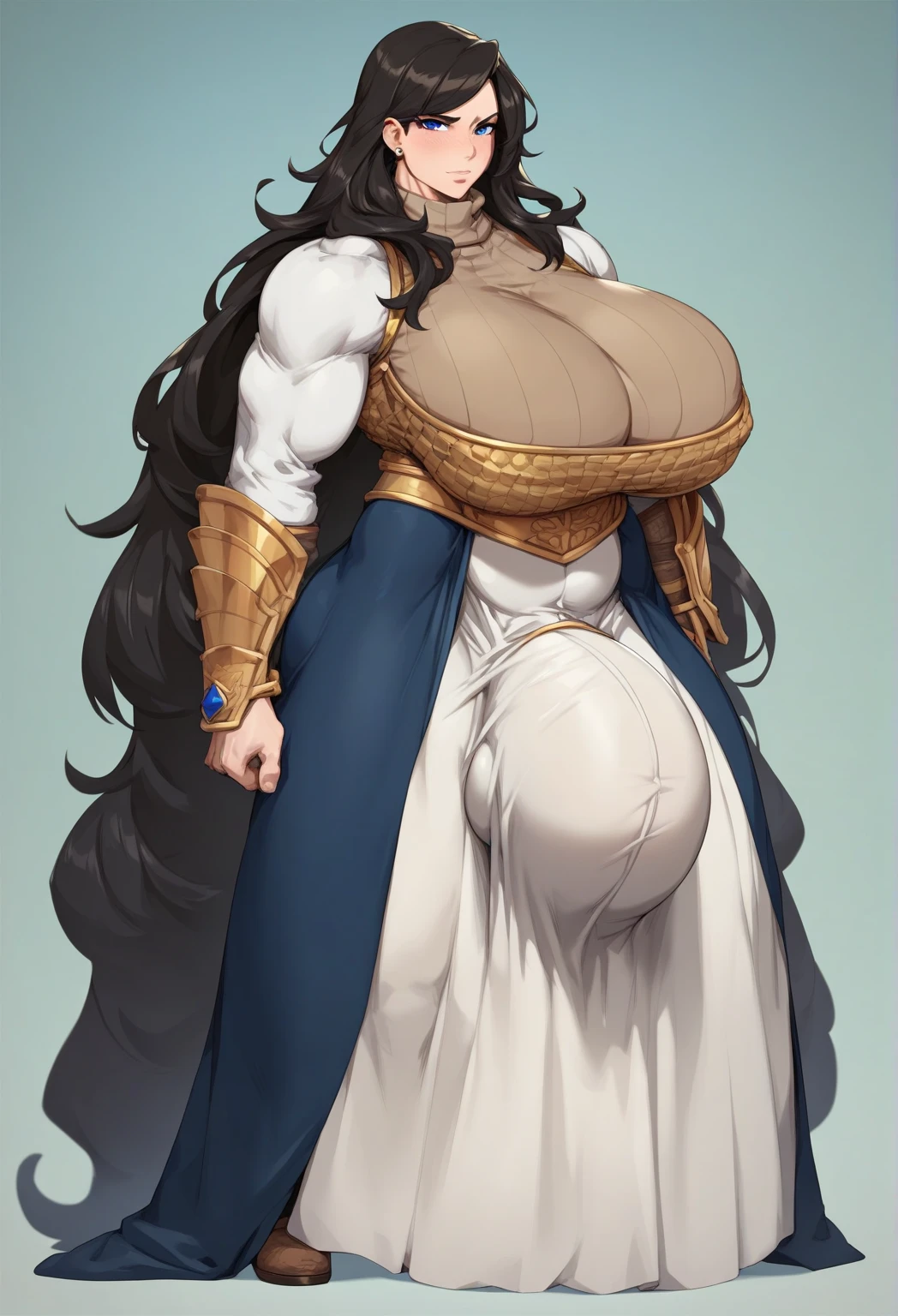 Cleopatra with extreme muscular body, gigantic muscular arms, gigantic muscular tights, kyuubi outfit, fair skin, fox ears, 9 fluffy fox tails, black hair with ponytail and gigantic breasts.