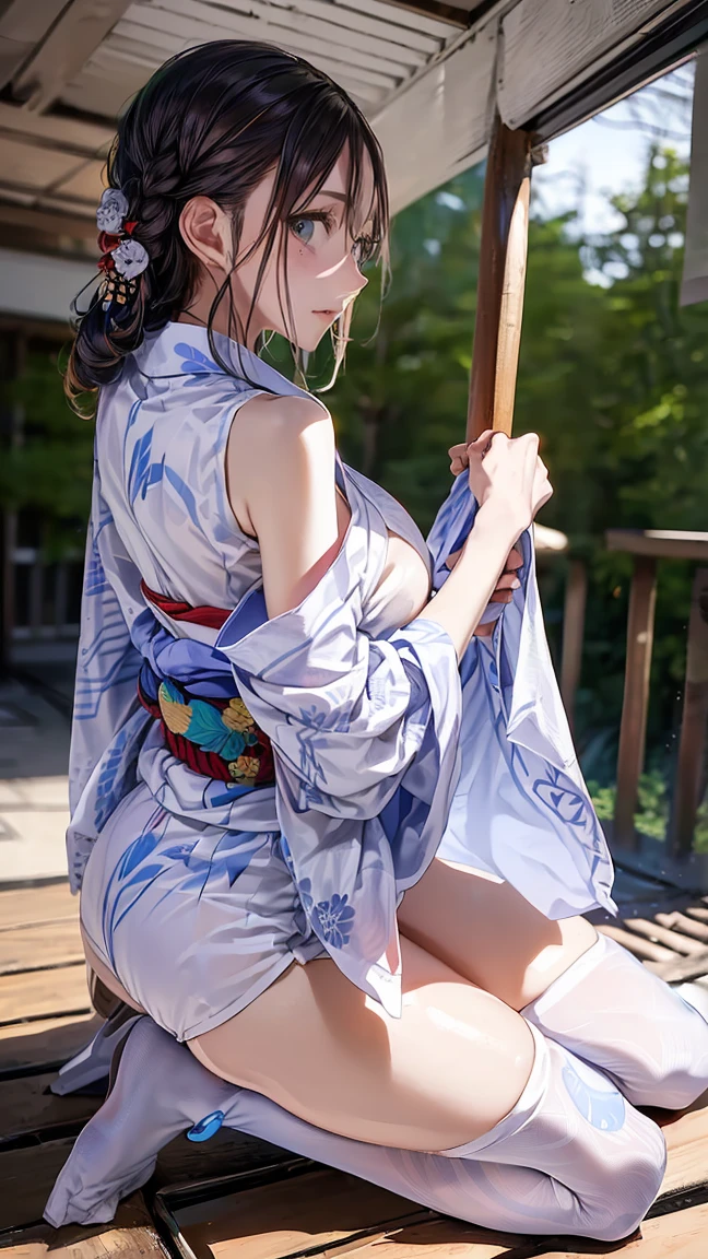 (masterpiece, highest quality:1.4), Beautiful Face, 8k, 85mm, Absurd, (A tiny floral bikini:1.1), Face close-up, violet, Gardenia, Delicate girl, alone, night, View your audience, Upper Body, Film Grain, chromatic aberration, Sharp focus, Face Light, Professional Lighting, Sophisticated, (smile:0.4), (Simple Background, Bokeh Background:1.2), detailed aspects,(Show one breast:1.2)((Very young and immature & Very few & Very flat chest:0),(Pink fashion glasses,1),(Showing anus from behind:1),((She takes off her yukata and shows her side boobs:1.2)),(A big bust that seems to burst:1.5)