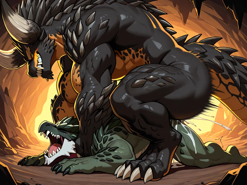 (((comic))) ((duo)) kemono, (crocodile: name (Krox), same height), muscular, abs, scales, ((dark green body), devious grinning, grin, tail, toe claws, big dick, dick skin, top, fucking a lizard, inside cave, standing, thrust, deep, close-view, anal doggy style fucking, looking at dick. Kemono, (lizard), ((black body)), muscular, abs, scales, tongue out of mouth, saliva dripping, inside ass perspective bubble, yellow eyes looking up in lust, fucked, bottom, anal fucked, doggy style fucked, bent, stretched, ass tilted up, fucked deeply, roughly. Comic sequence, doggy style fucking, (second comic: ((comic perspective change (inside ass, view dick thrusting))), ((third comic: back view (view of the back of the crocodile fucking lizard, show cum dripping, him doggy fucking, show lizard bent))), ((((comic:1.9)))) (sex scenes), mini heart showing lust and joy.