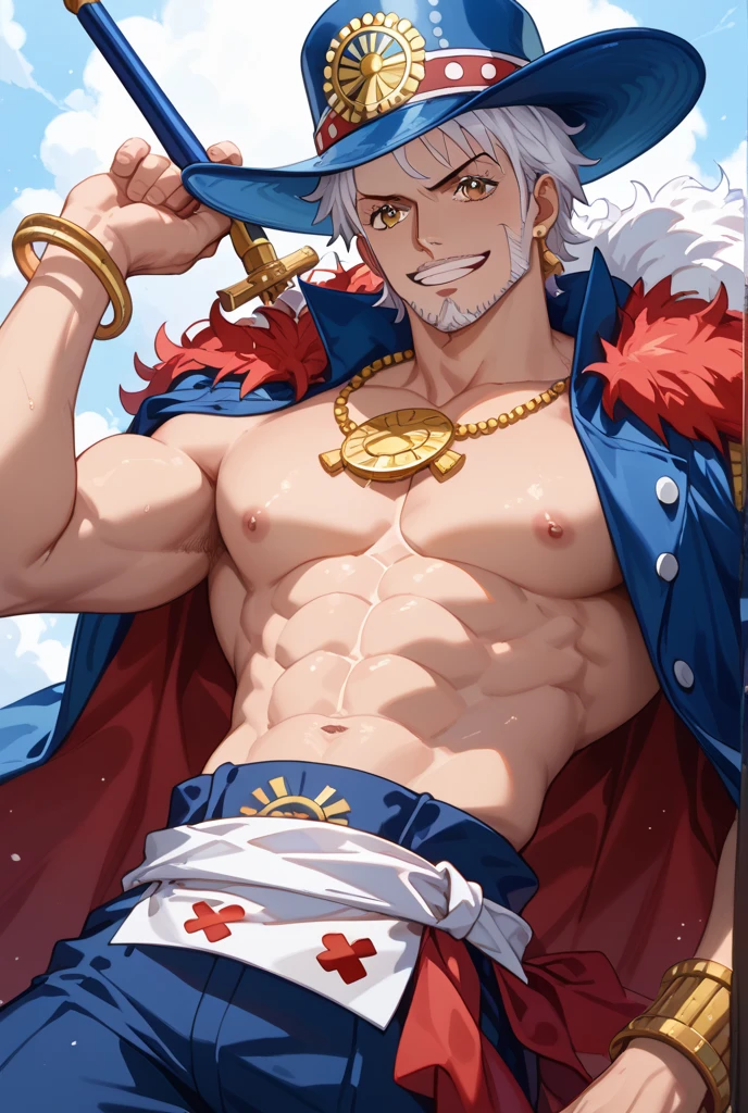 absurdres, highres, ultra detailed, HDR, master piece, best quality, detailed face, delicate features, Gojou Satoru, white hair, expressive blue eyes, white eyelashes, Jujutsu Kaisen, solo, sexy man, handsome, horny, toned chest, handsome smile, fantasy white pirate clothes, pirate hat, sexy pose, sea, beach, petals