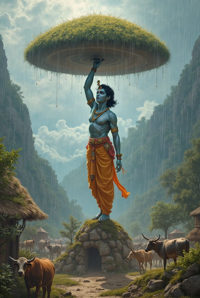 Lord Krishna smilingly lifts the  very big mountain with centre from his little finger and has a crown decorated with peacock feathers and hold the flute with the other hand in rain