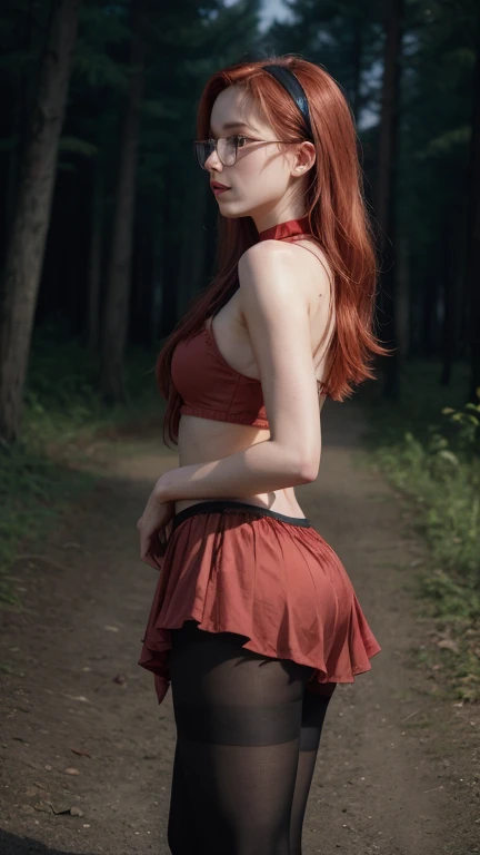 garota jovem, realisitic, linda, 4K, girl with long red hair, Red hair solto, lifted by the wind, walking in a forest, cherry tree forest, at night, girl walking, fully body, 4K, breasts big, breasts big a amostra, wearing a small skirt, tight skirt, that due to the wind, vento levanta a tight skirt, aparece a Red sheer panties, Red sheer panties, girl with her breasts out, Red hair, Eris Boureale,