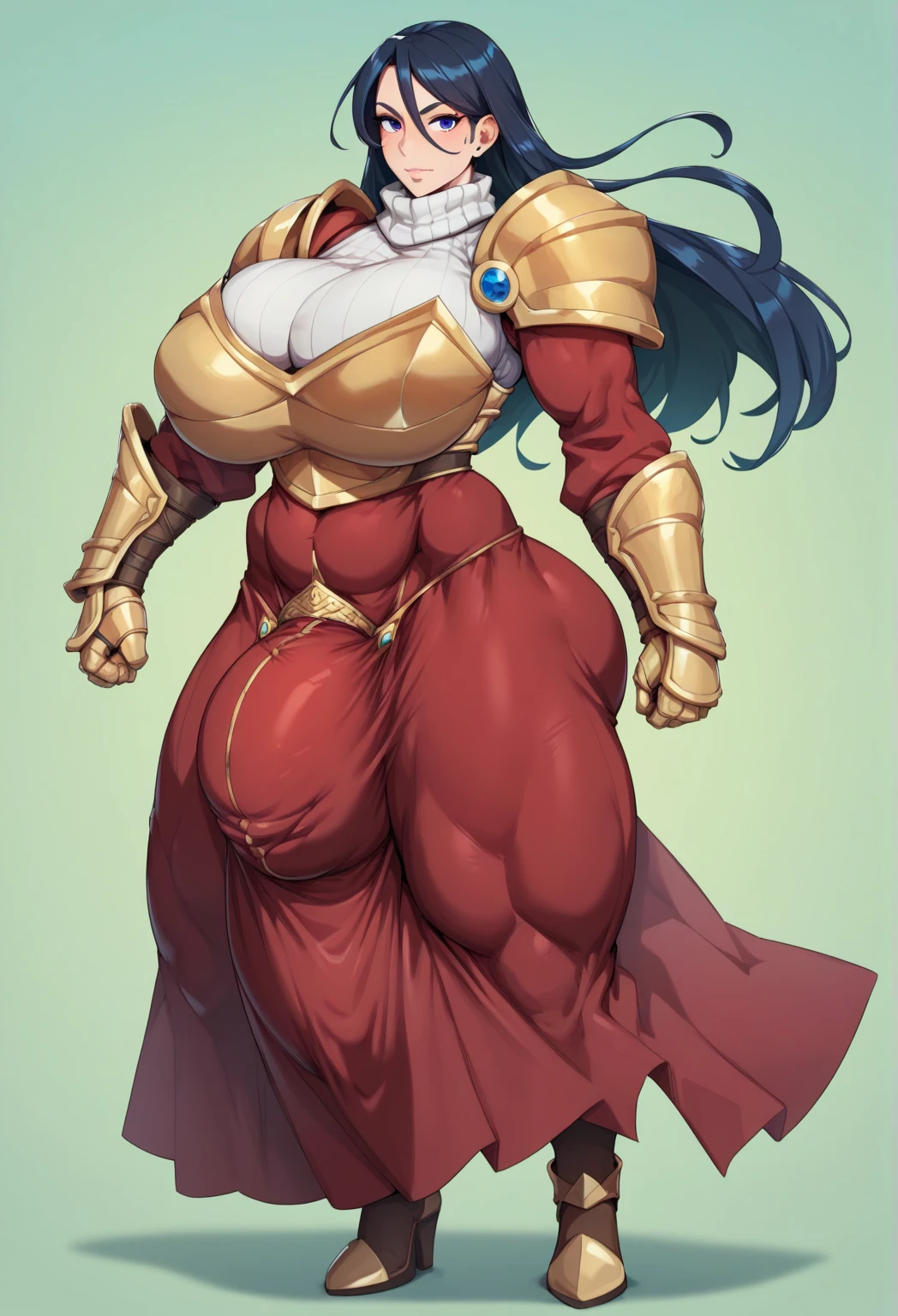 Oni girl with extreme muscular body, gigantic muscular arms, gigantic muscular tights, oni horns, red demon tail, cleopatra outfit, red skin, white hair and gigantic breasts.