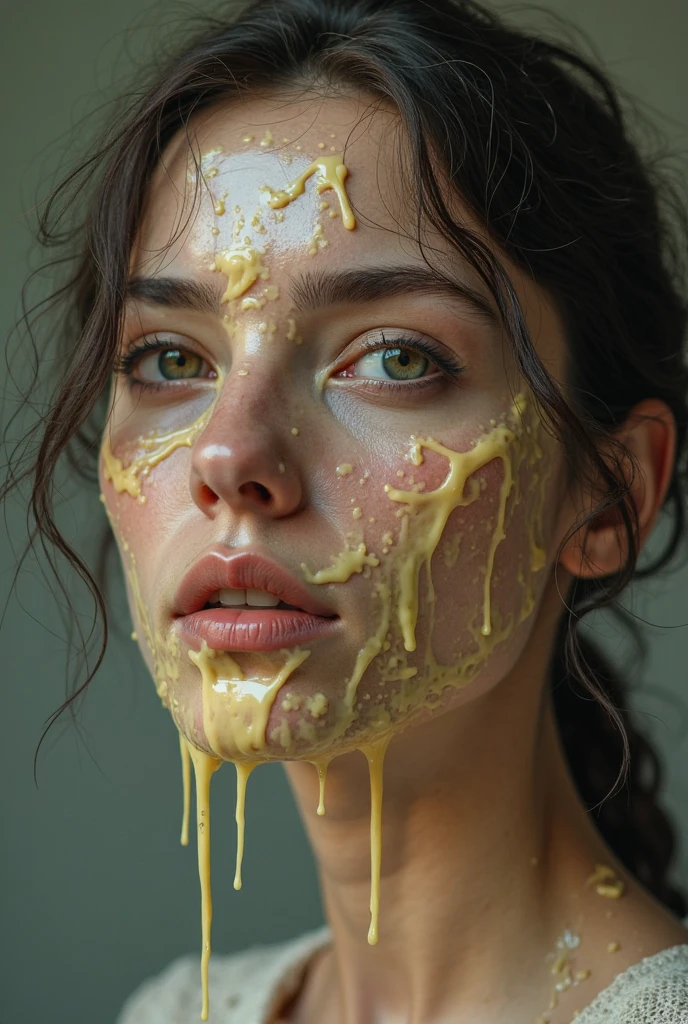 (best quality, masterpiece) high resolution illustration of a young woman covered in sticky natural honey, yellow, syrup, oversized sweater, comfy, cozy, close-up shot, detailed texture, delicious aroma, flavorful sensation, warm and appetizing,