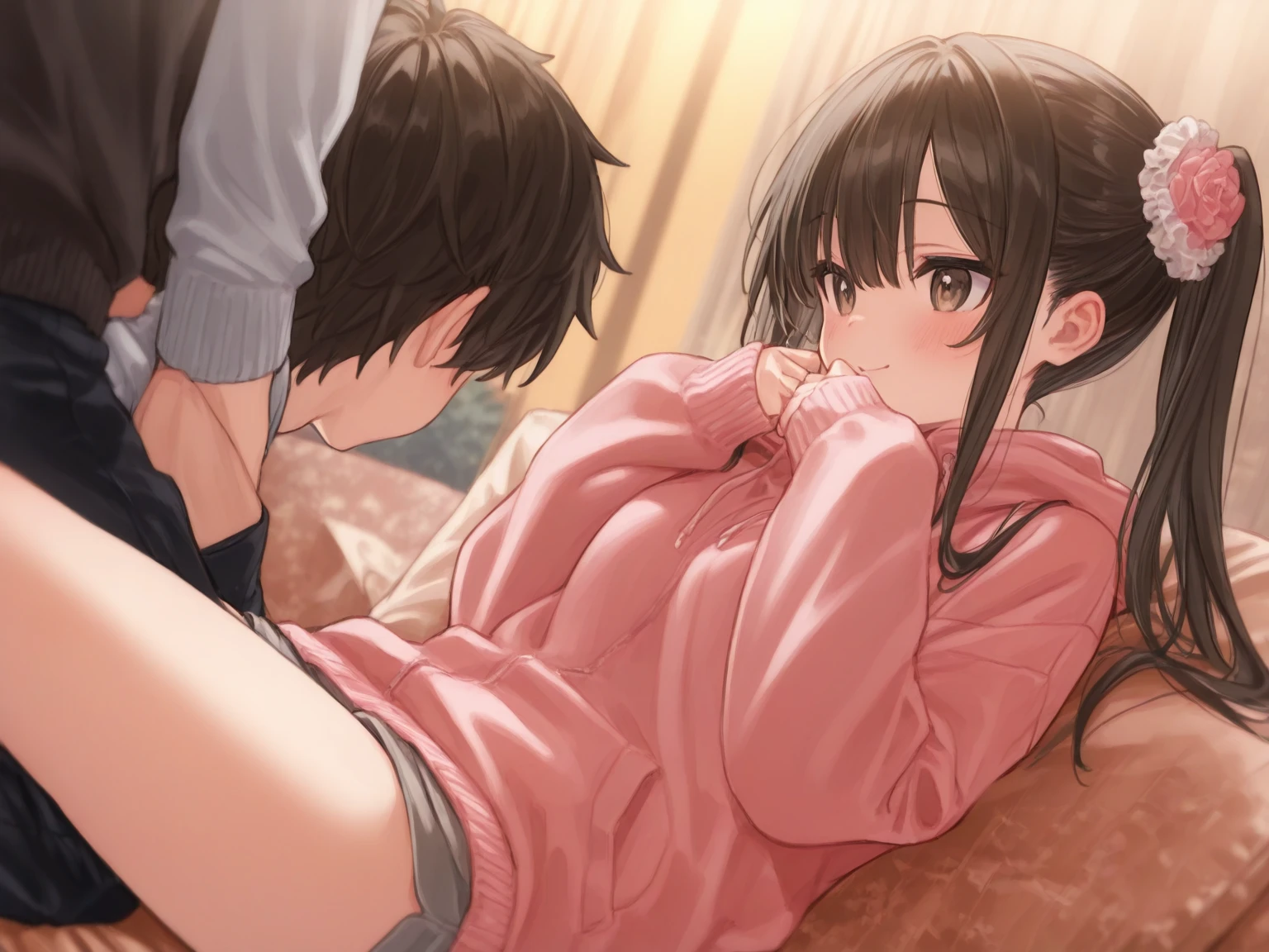 1man and 1woman having sex,,hyperrealistic,mature seductive woman lying on bed,rolling up eyes,shaking effect,black hair,(happy),(curvy),,saliva,bukkake,white sweater,long pink skirt,vulgar hotel,