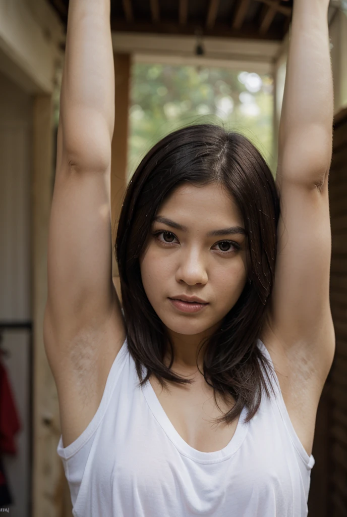 A 25-years old very beautiful sweaty naked Indonesian girls with hairy armpits and bodybuilder abs crying when whipped by a man