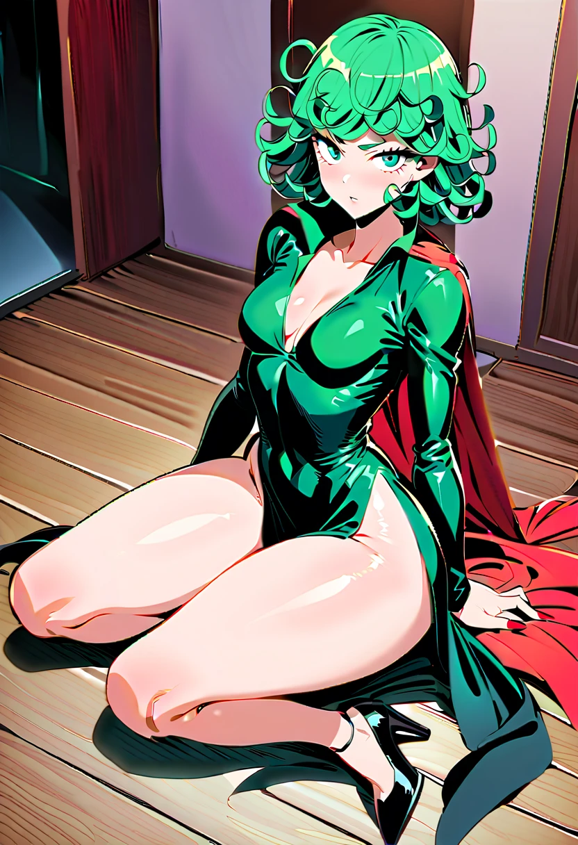 Green hair, green hair, green hair. Plump thighs, clamping thighs, hands stretched upwards, face and body facing the audience, slender waist, tornado, flat chest, black skirt, pelvic curtain (tatsumaki: 1.5), girl trasparent black latex dress, long sleeves, thick thighs, Wide hips, green light, pot curtain, green halo, see-through clothing, no, cameltoe, 1girl, Chen Juan, green hair, green eyes, dress, solo, black dress, big breasts, small breasts, thighs, curly hair, belly button covered