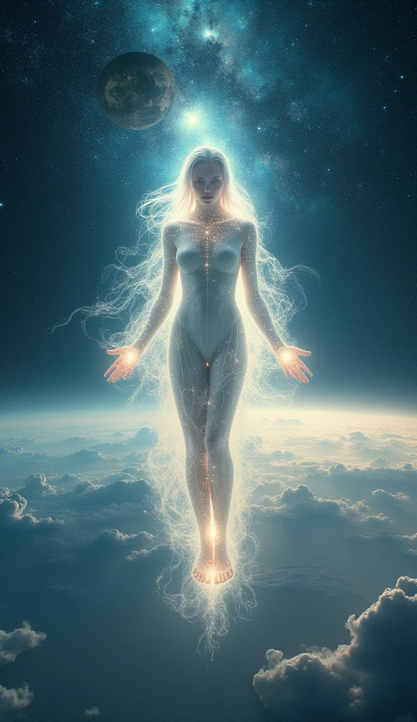 Create a glowing, ethereal light being, hovering in a serene, celestial environment. The figure should be human-like but with indistinct, soft edges, made entirely of radiant light. The colors should be a mix of soft whites, blues, and purples, with light rays gently emanating from the being. The background should have subtle, abstract cosmic elements like stars, nebulas, and faint galaxies, enhancing the mystical atmosphere. The overall mood should be peaceful and otherworldly, with a sense of divine presence.