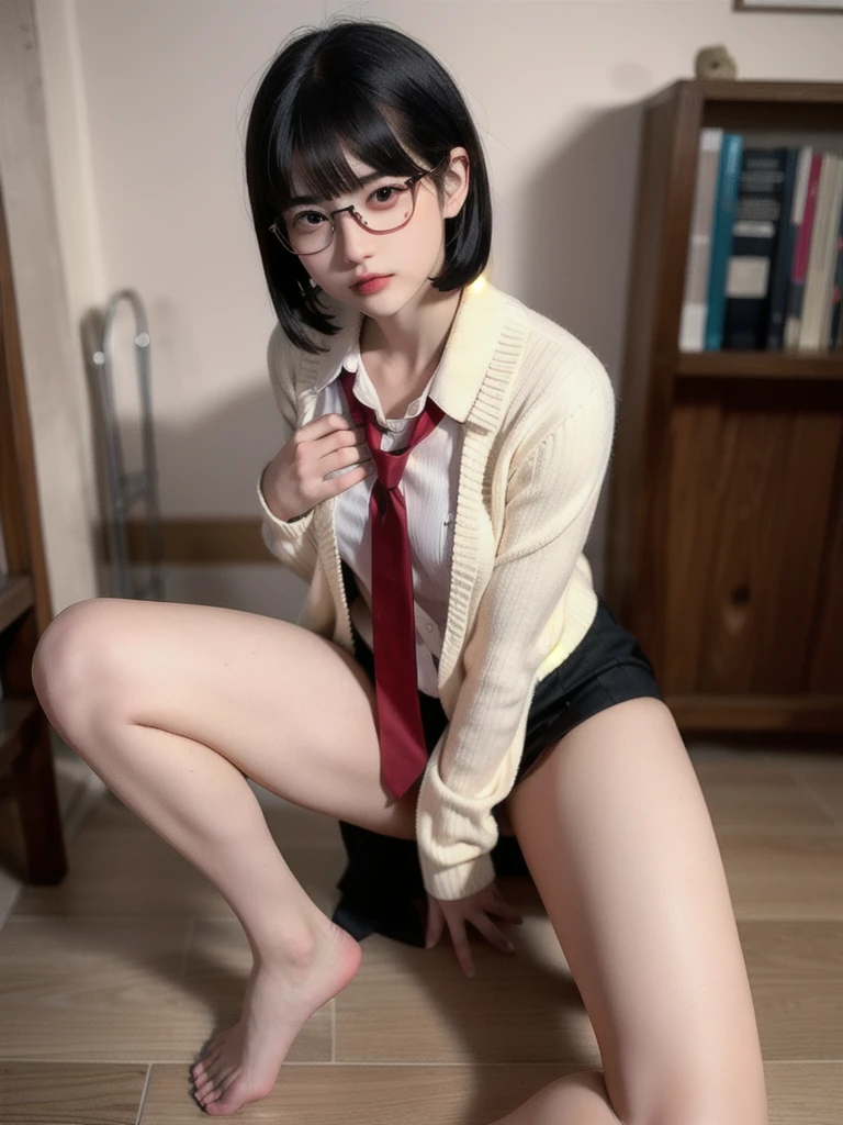 8k、Best image quality、masterpiece、summer、Japanese high school girl meets friends in classroom。She was surprised、Black-rimmed square glasses、blazer、mini skirt、Low people、Short Bob、Side Shot、Fine Eyes、((Sexy panties:1.15))、((Spread your legs wide:1.45))