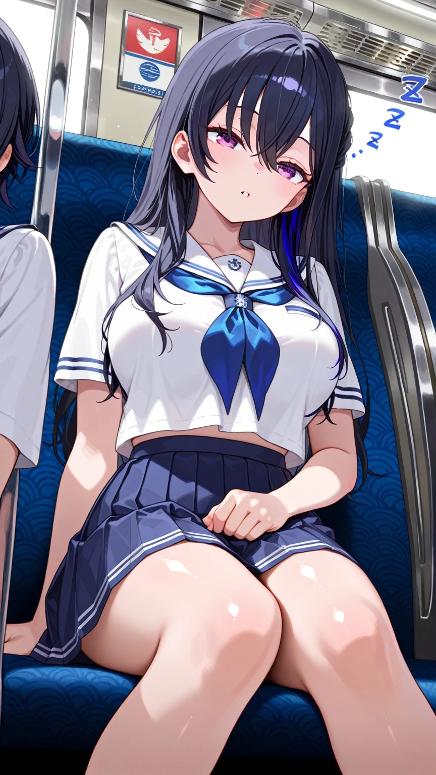 masterpiece, Highest quality, Very detailed , MyjmSkr-KJ, Highest quality, High resolution,One boy, One girl, Crying face, Open your mouth, Grab your chest,((A man rubs her breasts from behind))、(Molester on the train)、Sailor suit、There are five men, Sweat, Red ribbon、Medium breast、
