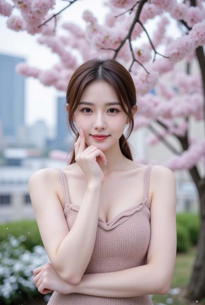 Masterpiece, Ultra Realistic, UHD, 8K of beautiful korean female, 34 inch breasts size, slightly smile , wearing tank top, rest one's chin on one hand, at wooden table, full body view, bokeh background , park, garden, sunset, flowers