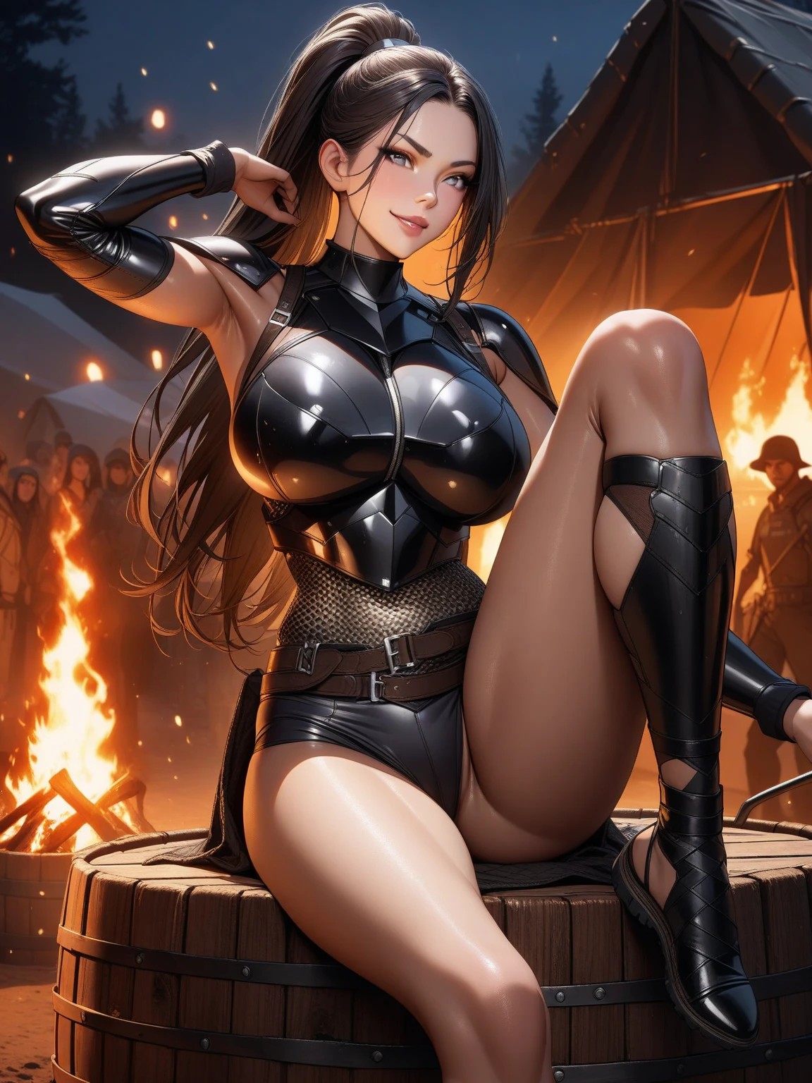 Beautiful mature milf drow with black hair and brown eyes in leather armor with big breasts and daggers