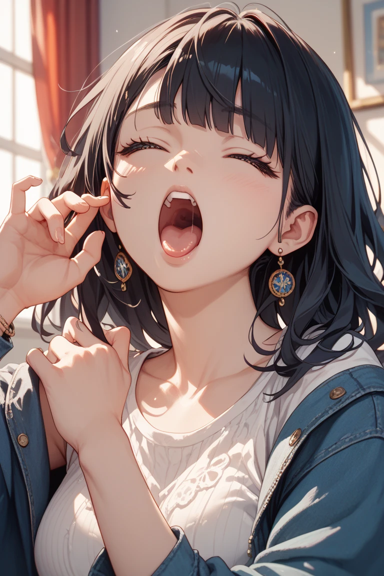 Sit on the sofa,looking ahead,from above,handjob,side view,face focus,open mouth,tongue out,cum on tongue,lick,(1girl,Beautiful 14 year old girl),((Slender,Small breasts,Baby Face,Small face,)),looking at viewer,Black Hair,bangs,two side up,Gray Eyes,Drooping eyes,slit pupils,narrow eyes,White sweater mini dress,bare shoulder,Jean Shorts,Beautiful and detailed anime art,Mischievous smile,Dimly lit room,Simple Background,Gray background,Low lighting