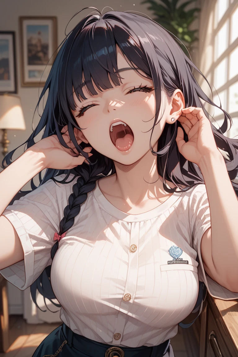 (round face, drooping eyes), (realistic skin), wet pussy is Cumming, ecstasy, open mouth, long hair