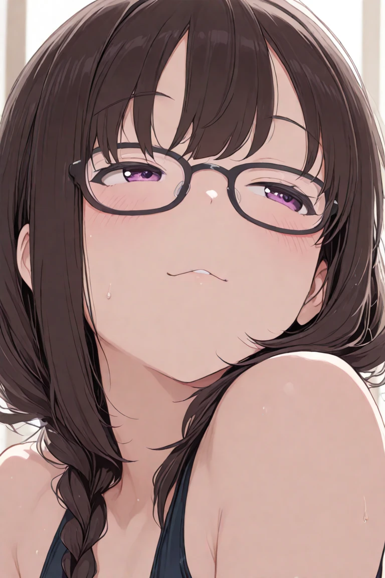 ultra-detailliert, Best Quality, High resolution, ((A petite, black-haired girl with a large face and cute droopy eyes, who wears round glasses and looks up.))、Pretty eyes、Detailed eye depiction、Eye sparkle、Looking at Viewer, pale skin、(((Petite)))、(flat chest:1.4), (blush:1.2), (big eye:1.4), a smile, in class room, Focus on the face, Long hair、sitting on、 ((super close up of tongue))、(((from above))), open_mouth, (((face only))), ((naked)), nsfw, drooling, hyper sweat