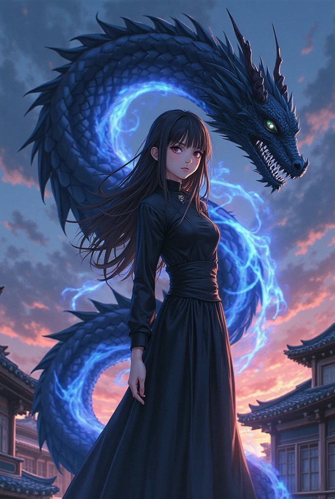 1girl and 1dragon,cool,bigbreast,cleavage,she is dark angel,brilliant eyes,she has black wing,back to dark dragon,darkgreen and white