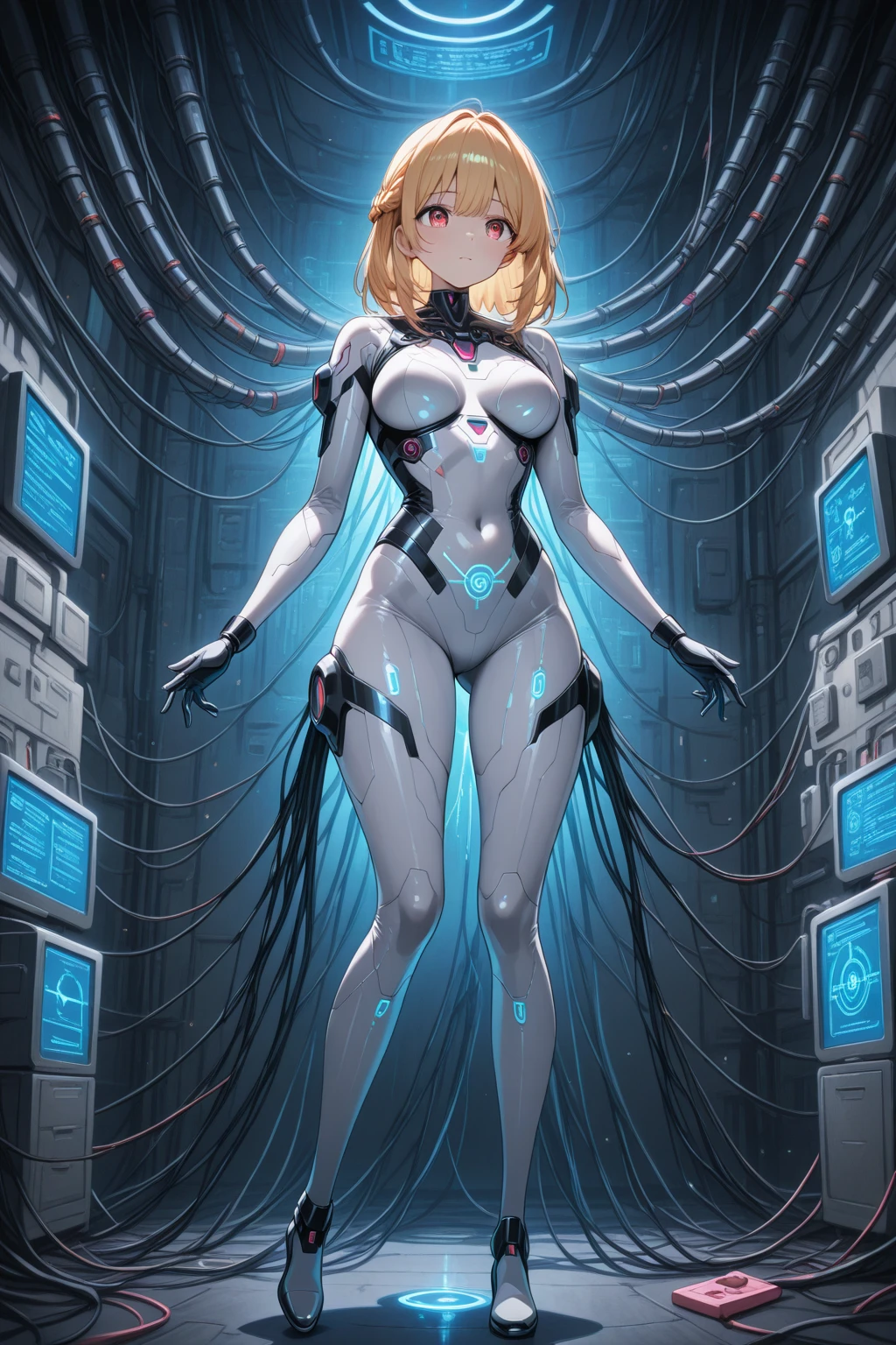 Woman covered in intricate white cybernetics, blue led light, combat uniform, cleavage, high tech, ultra high resolution, 32k, (bikini cyborg robot parts), (be familiar with:1.4), cyberpunk city background, Rainy streets, beautiful face, golden long hair,perfect body,(Lie:1.3)