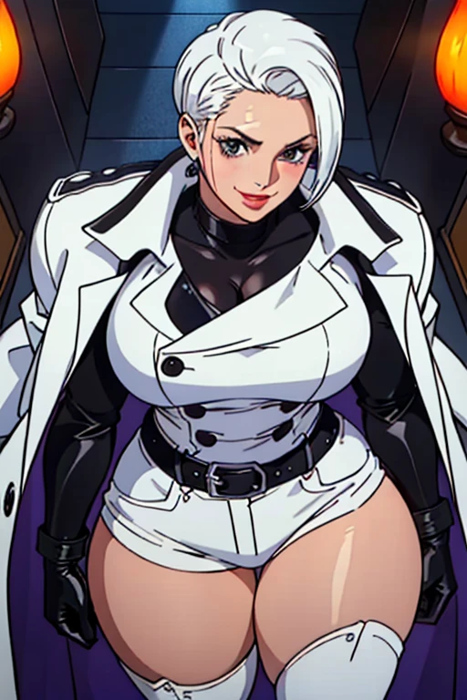 masterpiece,best quality,extreme detail,8k,(white background),<lora:christie:0.7>,christie2, 1girl, solo, breasts, short hair, gray eyes, large breasts, gloves, cleavage, medium breasts, underwear, white hair, boots, belt, bra, bodysuit, black bra, unzipped, white bodysuit, jumpsuit