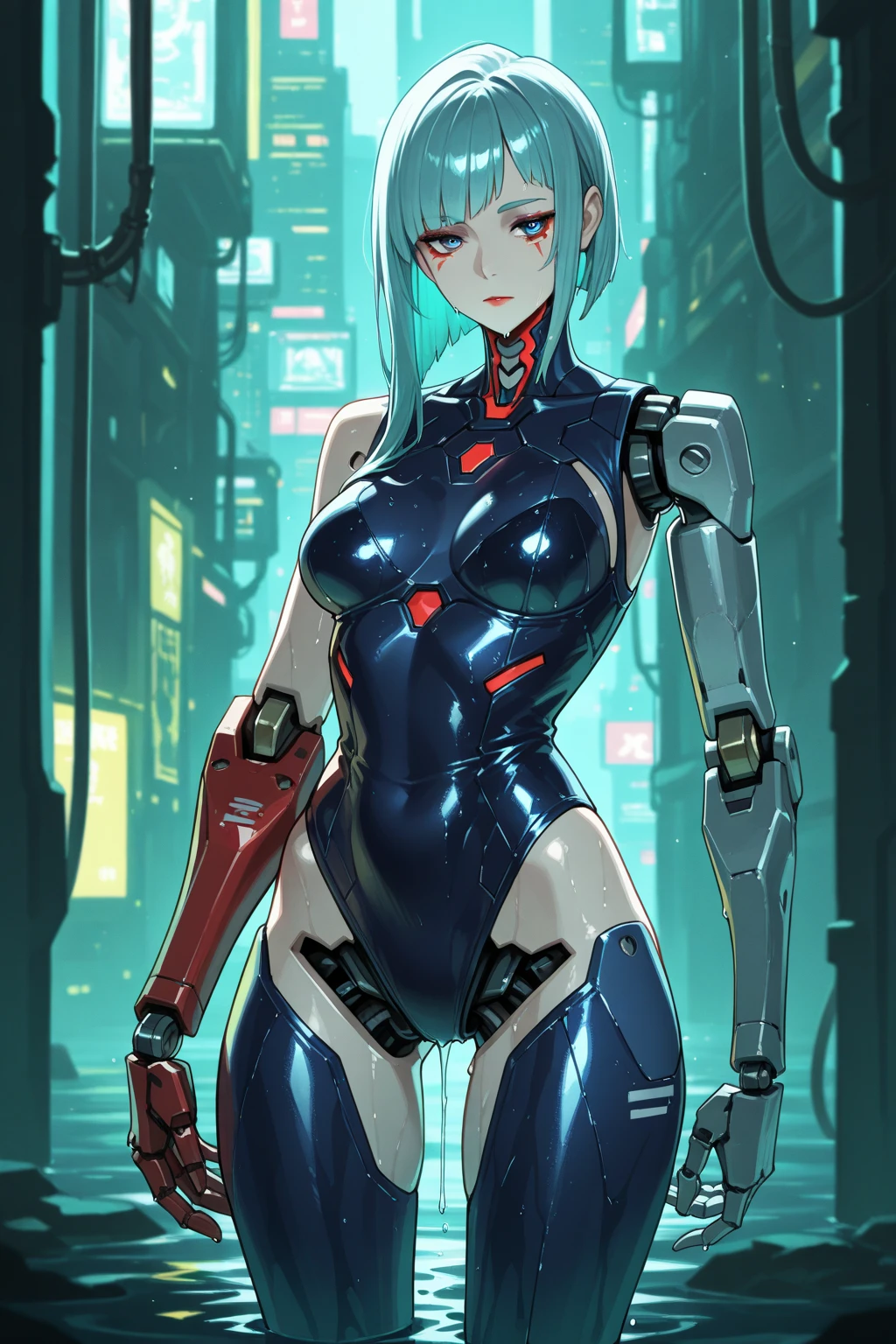 (masterpiece, best_quality, ultra-detailed, immaculate:1.3), epic, illustration, (cyberpunk:1.20) rei ayanami, WALKING, LIGHT blue hair, red eyes, white cybernetic plugsuit, on a dark city street, NEON SIGNS<lora:Cyberpunk_style-05:1.05><lora:EnvyBeautyMix29:1>