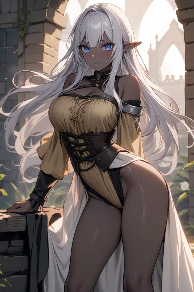 Beautiful and cute dark-skinned female elf, African-American, the body was quite curvy and large in both curves and beauty, dark brown skin, her skin is brown and quite dark, white hair, white hair, white hairstyle, long hair white, braids, rich, castle background, sexy archer clothes, mail outfit, leather dress, sexy dark brown skin, dark brown skin, dark brown skin, elf ears, fangs, short black nails, green eyes, chest big, big ass, detailed female anatomy features, ultra, sensual and softly looking at the camera with naughty smile, must show the whole face, long eyelashes, with beautiful angry eyes, smug smile, five slender fingers, beautiful face, beautiful lips, curved eyebrows, very beautiful, standing against the wall, holding a sharp dagger