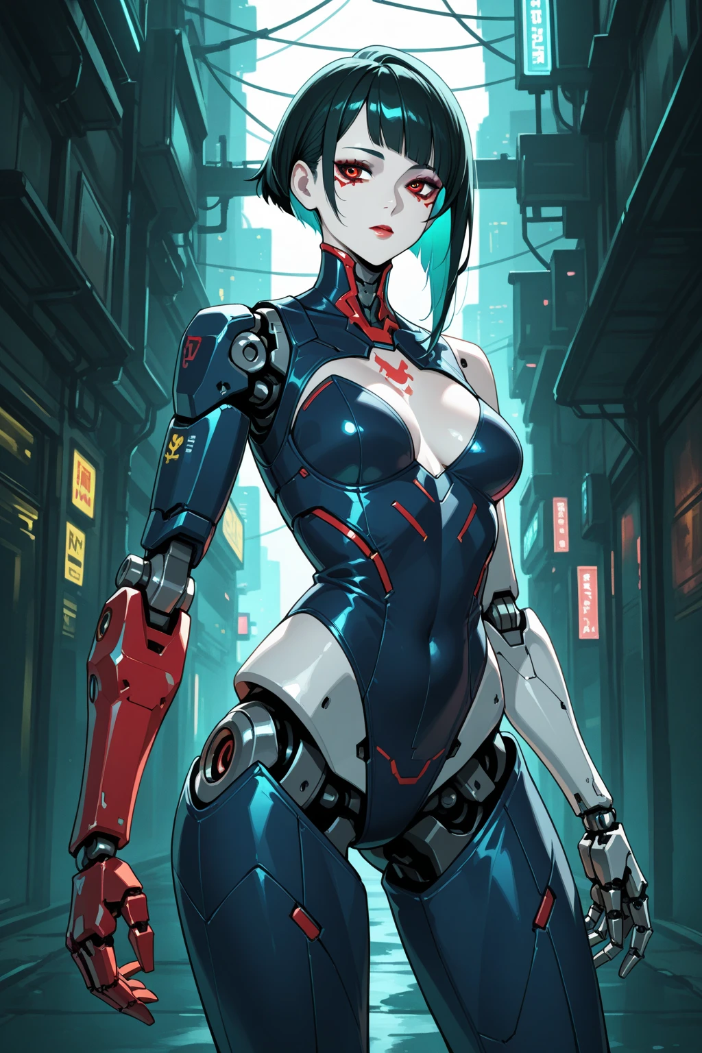best quality,4k,8k, highres, masterpiece:1.2), extremely detailed eyes, extremely detailed body, (large masterpiece digital art), (detailed manga illustration), (detailed line art), ((perfect anatomy)), (intricate details:1.3), (ultra-detailed:1.3), (illustration:1.3), (sharp focus:1.3), (natural lighting:1.05), (vivid colors:1.3), (masterpiece), (best quality:1.4), (perfect anatomy:1.4), high quality, expressive eyes, full body, tall girl, detailed face, beautiful face, perfect face, breasts, gloves, large breasts, cyberpunk, (black armor), mystic red armor, short hair, ((pale skin)), messy hair, detailed ((dark blue hair)), (honeydew hair), multicolored hair, two-toned hair, detailed eyes, (amber eyes), hourglass physique, mecha musume, fortified suit, mechanical parts, headgear, robot joints, bodysuit, deva battle suit, gloves, thick thighs, toned, emblem, superhero, dynamic lighting, 4k resolution, dynamic pose, weapon, energy weapon portrait, Jeff Bridges, ((cartoon style)), Marvel Cinematic Universe style, (((alien city in the background))), soft bokeh of futuristic city, Atey Ghailan, Jeremy Mann, Greg Manchess, Antonio Moro, trend in ArtStation, trend in CGSociety, Intricate, High Detail, Sharp focus, dramatic and photorealistic painting art by Midjourney and Greg Rutkowski, bokeh in the background