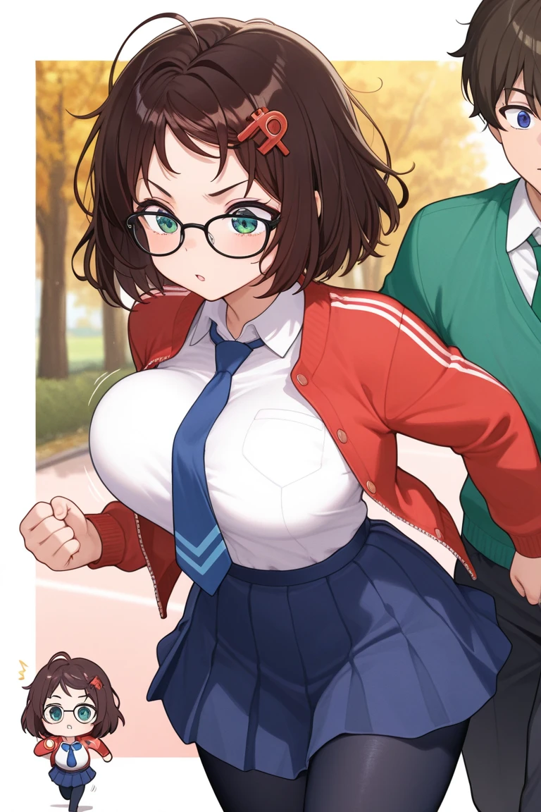 highest quality, High resolution,Anime Screen Capture, green eyes,((Light pink sci-fi suit、bikini、obesity))、(wide hips、wide ass)、nurse cap、belt、thigh boots ,(huge breasts:1.2), blush, (embarrassing), :d, dark brown hair、(((hand on chest)))、(Are standing)、((Red-rimmed glasses))、In town