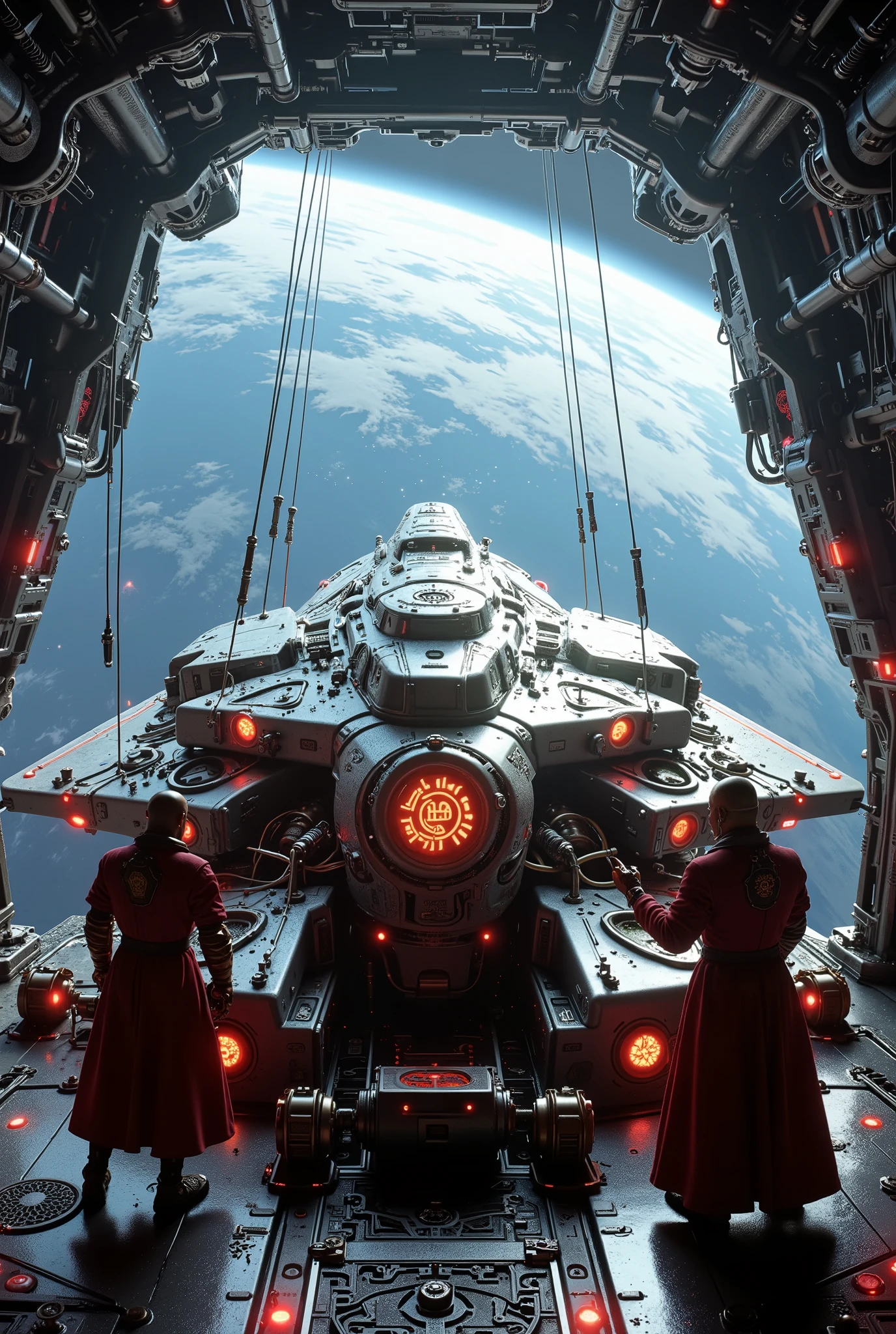 A hard sci-fi orbital docking bay suspended in low Earth orbit, overlooking the curved blue limb of Earth with glowing auroras and thin cloud bands visible below. SV01 Cislunar Commuter docked on a magnetic alignment rail, its modular hull forged from matte titanium-carbon alloy, with panel seams glowing faintly with runic energy. The spacecraft bears Mechanicum sigils and etched cyber-runes around its airlocks and sensor pylons. Scene lit with cold industrial LEDs and red interface strobes, casting sharp rim lighting and harsh shadows across the ship’s exposed maintenance hatches. Camera positioned low, close to the docking floor, 24mm wide lens angled upward to emphasize scale and ritualistic detail. Foreground shows cyber-augmented Mechanicum tech-priests in crimson robes with brass servo-limbs, interfacing with glowing rune consoles and etching sigils onto access panels. Midground features the SV01 cockpit module: faceted armored glass with shifting data-glyphs projected across it, neural cable clusters pulsing with bio-light. Background fades into open space: large orbital trusses stretch behind the scene, Earth hangs majestic beyond, with roaming satellites and traffic lights glowing softly in orbital lanes. Misty electrostatic fog drifts in zero-g, interwoven with thin red laser lines from hangar security grids. Style: ultra-realistic, moody, sacred-tech tone.