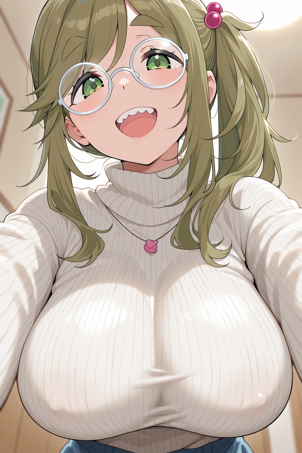 masterpiece, best quality, sakura futaba, looking at viewer, very large breasts, upper body, portrait, looking at viewer, seductive smile,put your hands behind your head, armpits, armpits visible, sweaty armpits, wearing glasses