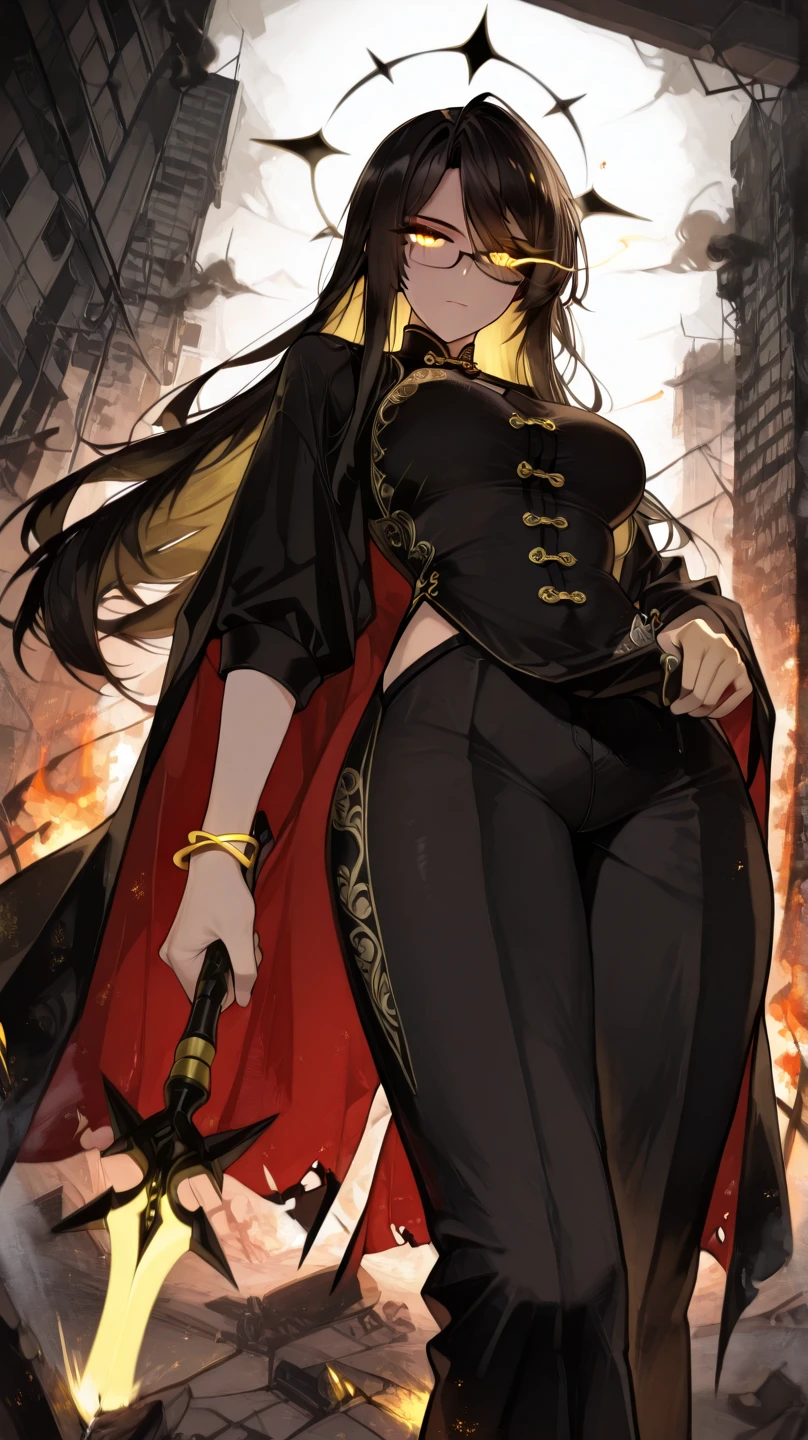 masterpiece, best quality, anime style, full-body shot of a modern Chinese cultivator woman standing firmly in the center of a burning urban battlefield, black traditional hairstyle flowing in wind, vivid yellow glowing eye visible, face calm but intense, celestial aura radiating around her

strong battle stance: feet shoulder-width apart on cracked asphalt, one hand lowered at her side, the other slightly lifted as energy coils around her wrist, posture confident and unshakable, heels grounded on debris

outfit: sleek modernized Chinese blouse and fitted pants with high-contrast accents, black and crimson fabric embroidered with ancient symbols, glowing softly at the seams

**foreground element:** cracked pair of glasses lying visibly on a piece of broken stone, one lens shattered, metal frame reflecting city firelight, symbolic of restraint being abandoned

background: collapsed buildings, shattered signs, floating embers, thick smoke veiling neon skyline, magical distortion rippling behind her from unleashed divine power

lighting: cinematic contrast with warm firelight on one side and cool glow from celestial aura on the other, soft reflections on rubble and glass, intense eye glow lighting up cheek and forehead

composition: low angle with dramatic focus, glasses sharply in foreground, heroine towering over the urban ruins, cloak or long hair in motion, visual tension between stillness and unleashed chaos