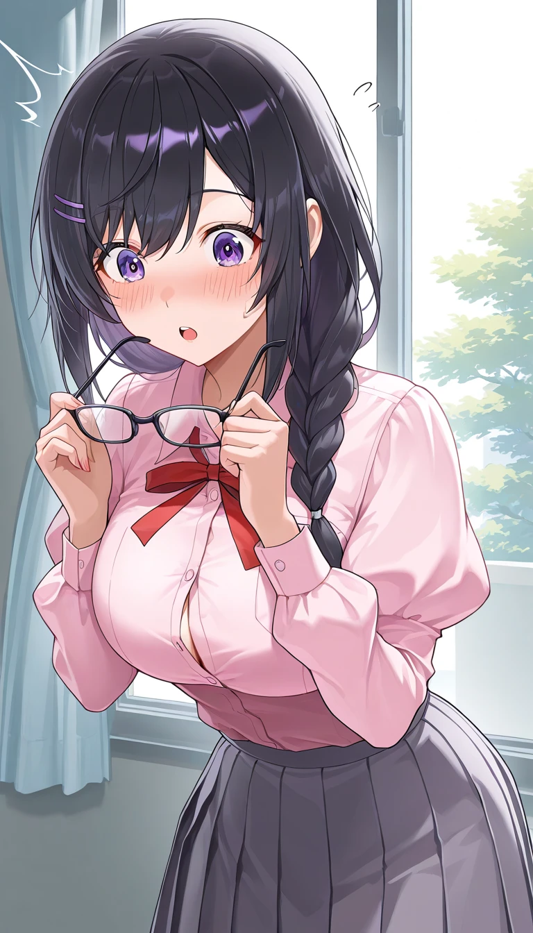 <lora:Ha-Yun:0.7>, ha-yun, blush, cleavage, glasses, ponytail, hood, indoors, surprised, looking at viewer, solo