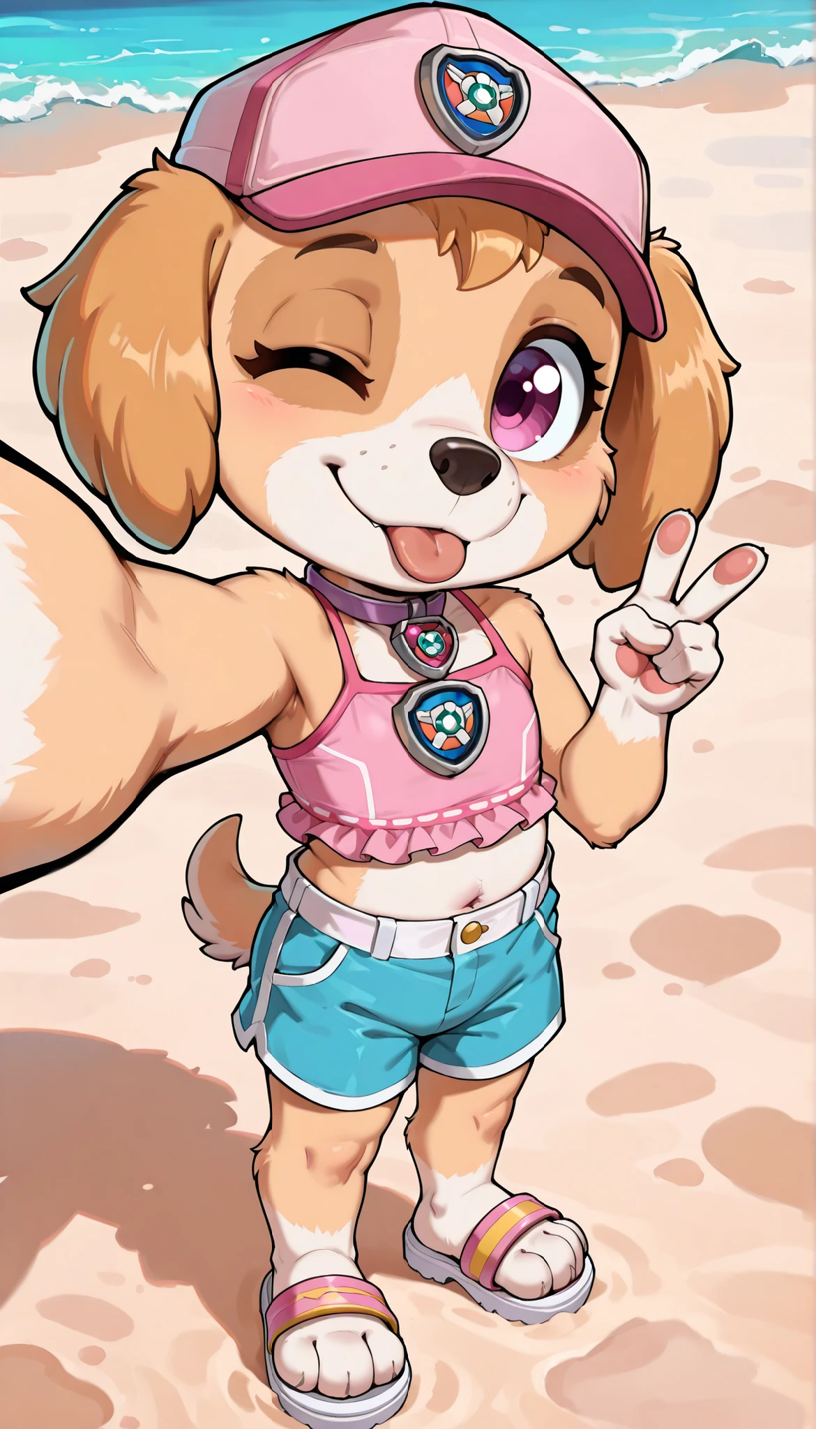 score_9, score_8_up, score_8, 1girl, source_cartoon, source_furry, skyepp, dog, furry, toddler, skye, paw patrol, cute face, one eye closed, tongue out, 4 fingers, v, standing, ((pink cap, Skye collar, pink frilly tankini, midriff, blue shorts, sandals)), beach on background, full body, feets with three toes, selfie POV,
