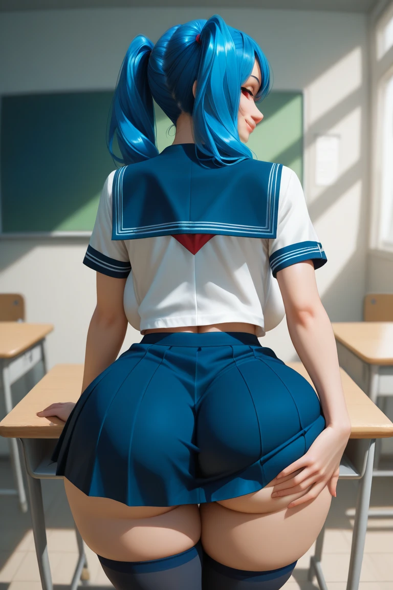 1woman, beautiful cute face, light blue hair, BREAK, well-proportioned body, BREAK, (white sailor fuku, BREAK, red tie, BREAK, navy blue pleated mini skirt), BREAK, standing, back bend, look back,, (at classroom, (naked big ass in skirt), blurred background, 

