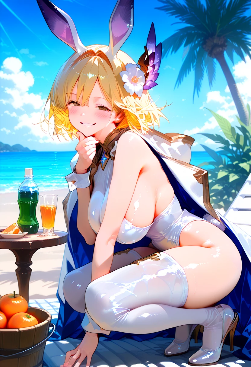  seductive smile,smile, Open your mouth,Shy laugh,Bunny ears,Hair Flower, wearing white high leg swimsuit,Embroidered costume,Glamorous costumes,Puffy Sleeves,Gold Jewelry,
White long tights,White high heels,A long white cloak with intricate gold embroidery,Belly chain with gold medals around the waist,Wrist cuffs,Zeta,One Girl,Blonde,Shiny Hair,short hair,hair band,Brown eyes,teenage,cute,(Huge hips:1.1),
very shiny 肌,Shiny body,plastic glitter 肌,exaggerated shiny 肌,illuminated skin,
(Huge breasts, Glamour:1.1),Tight waist,Long legs,curve,Cleavage,erotic,Bold,Revealing clothing,show 肌,
(Realistic eyes, Natural skin texture, Realistic facial details),
High resolution,Sharp focus,(Super detailed,Very detailed),(Very detailed CG unity 8k wallpaper),(((Vibrant colors))),{best illustration},
Beautiful Eyes,Symmetrical eyes,Big eyes:1.5,Seductive eyes,((complete anatomy)),Perfect Fingers,
reaching towards viewer,
arms out, lying,
Outdoor,wood,scenery,Chair,Beach,bucket,Day,food,umbrella,palm tree,sand,null,boat,Fruits Sea,table,water, 
cup, shade, lounge chair, beach chair,plant,dish,Bottle,cloud,beach umbrella,Shadow,towel,

