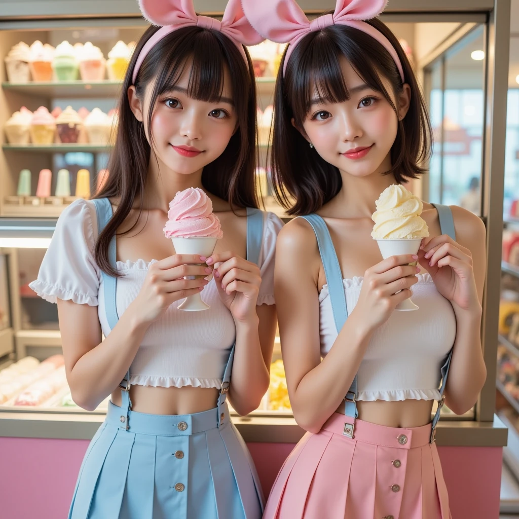 (high quality)、(high resolution)、Two elementary school students、Looking at me with a smile、whole body、Big Breasts、Lace mini skirt、Lace sleeveless shirt、Angle from below、Holding an ice cream