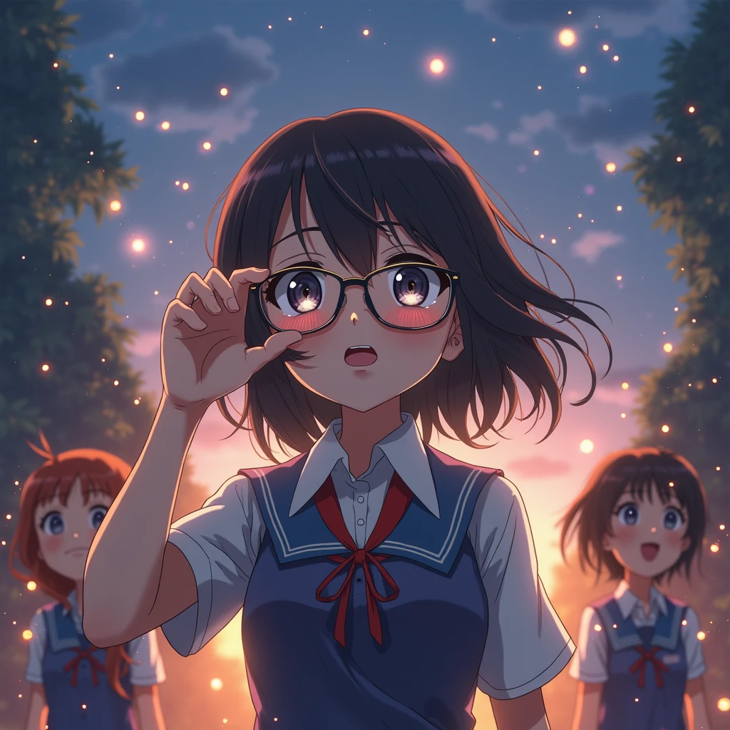 (high quality)，One ，10 years old，Baby Face，naked，Very short stature，very small flat chest，Very flat chest that looks like it might expand，Very thin limbs，Very thin thighs，Small Ass，naked，bright色のセーラー服、Navy pleated mini skirt、Glasses，grassland，A shy smile，blush，At dusk，Beautiful sunset，Midsummer，bright，bright色，watercolor, Ghibli style，