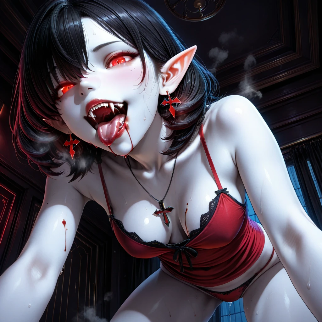 vampire. (((a lot of blood flowing out of her mouth down her face))). slim, petite, beautiful, sensual. (((teeth like dracula))). red lipstick, black dress. dark eyeshadow. overalldetail-detail_++_-_overall_detail , kkw-skin-det-all_checkpoint_skin_detail_-_skin_detail_v1.0, <lora:hipoly_3dcg_v7-epoch:0.7>, <lora:GoodHands-vanilla:0.7>