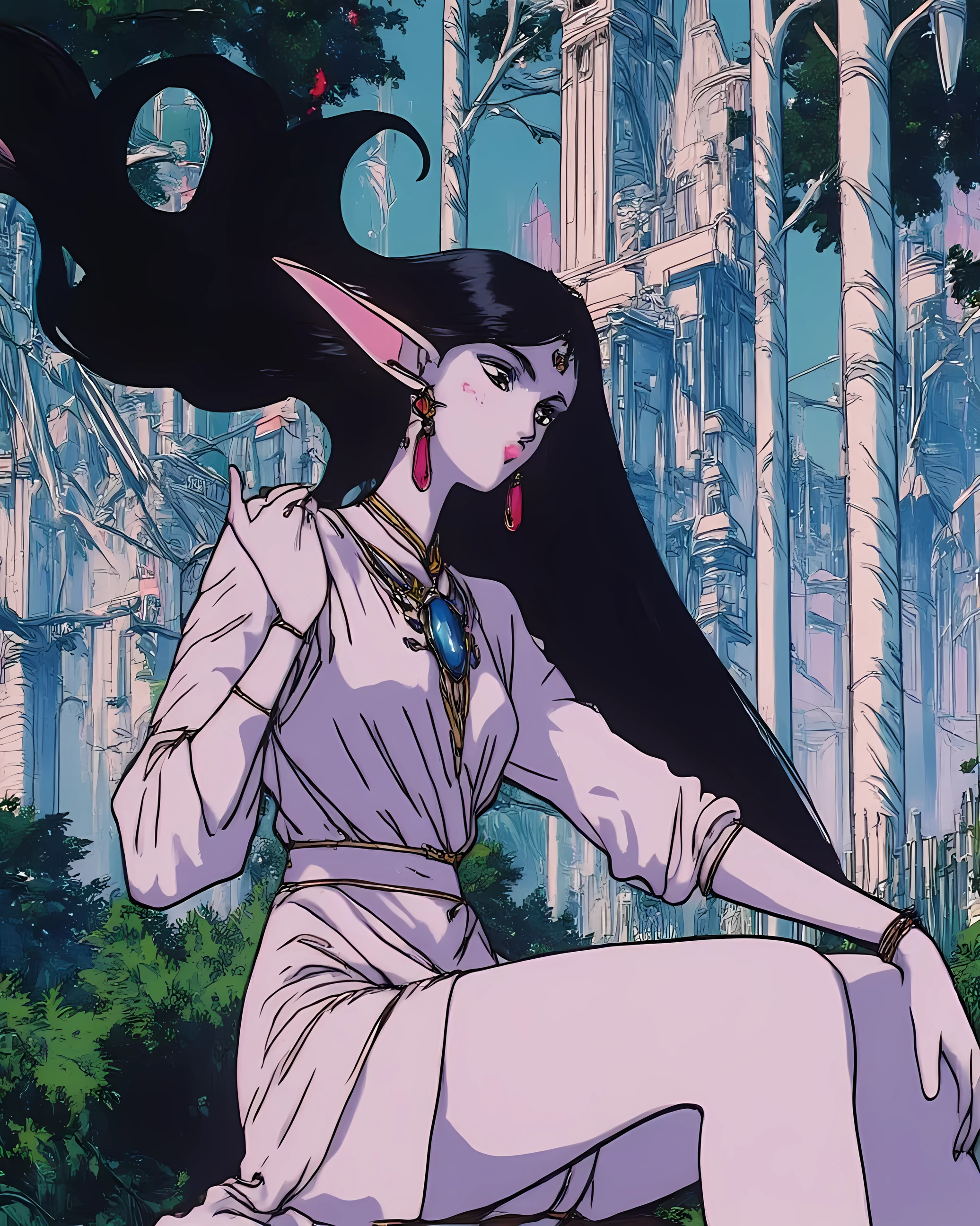 Rei Hino, black long hair, she has elven ears, intricate satin dress, sitting on a tree stomp,in a silver forest, huge silver trees, background silver elven castle, intricate architecture, Benisman, Benisman artstyle, Benisman Style, cel shading, high contrast, glossy skin, pale skin,90s_anime_aesthetic, 1990s (style), retro, retro artstyle,Benisman, Benisman artstyle, Benisman Style, cel shading, high contrast, glossy skin, vibrant colors ,aamars, long hair, black hair, jewelry , earrings,bare legs,deedlit, 1990s \(style\)