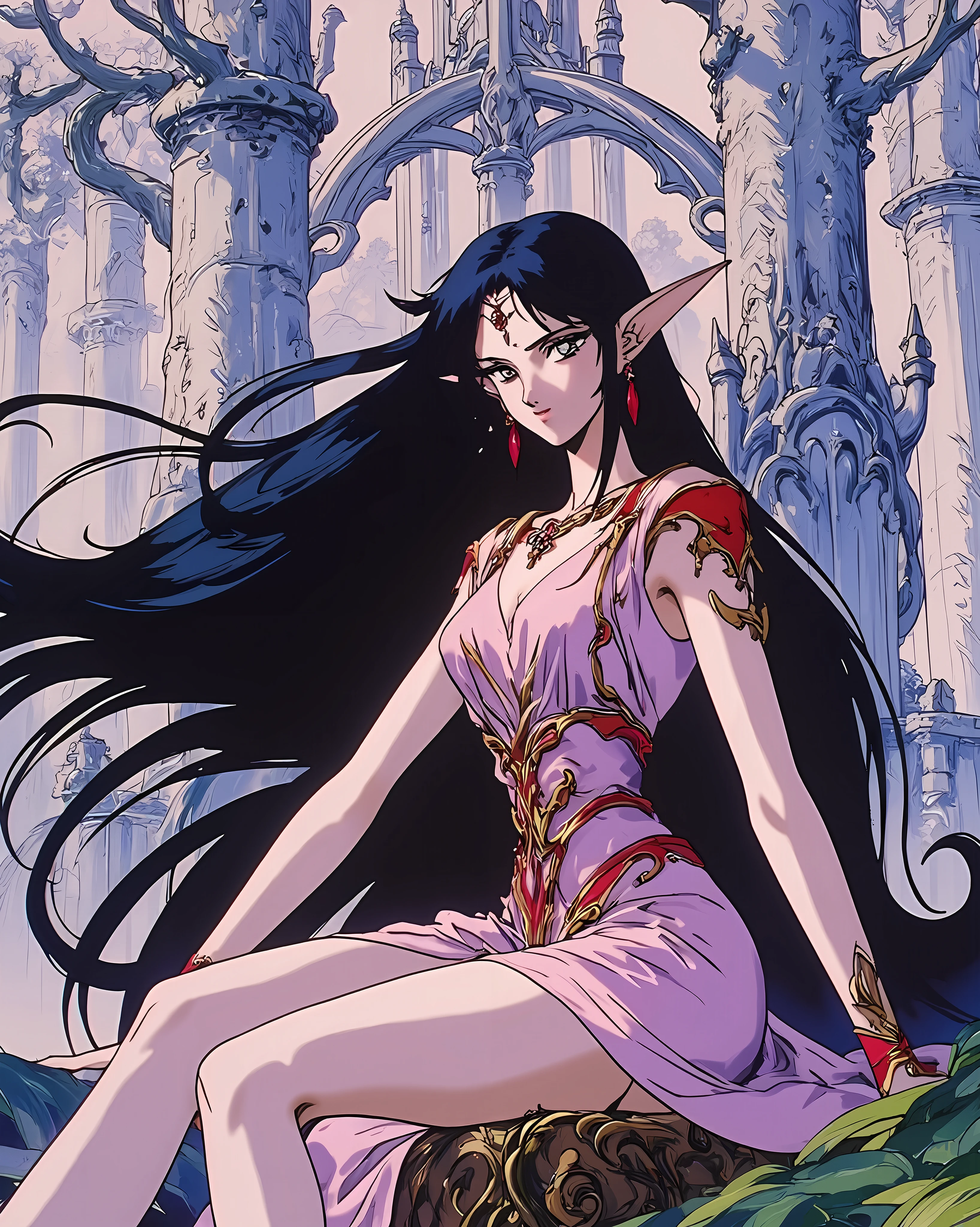 Rei Hino, black long hair, she has elven ears, intricate satin dress, sitting on a tree stomp,in a silver forest, huge silver trees, background silver elven castle, intricate architecture, Benisman, Benisman artstyle, Benisman Style, cel shading, high contrast, glossy skin, pale skin,90s_anime_aesthetic, 1990s (style), retro, retro artstyle,Benisman, Benisman artstyle, Benisman Style, cel shading, high contrast, glossy skin, vibrant colors ,aamars, long hair, black hair, jewelry , earrings,bare legs,deedlit, 1990s \(style\)