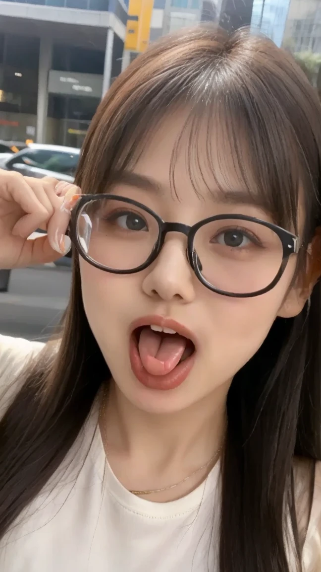 ((Highest quality, 8k, masterpiece: 1.3)),, Highly detailed face,、Focus your eyes, Nose and mouth,Face Focus, Woman with open mouth and closed eyes, Face Focusの接写、18 ~ Random age up to 35 years old,Black-haired、Realistic nostrils、Angle from below、Sweaty skin、Skin shiny with sweatを強調する照明、Skin shiny with sweat、Glowing Skin、Big eyes、double eyelid、(My tongue is wet and shiny) ((Wet tongue)) ((Berokisu)),In front of the bookshelves in the library,Shooting from above、Lightweight shirt、Open the button、Cleavage、Very good、belly button、Sweaty、blush:2.0、Wearing thin round glasses