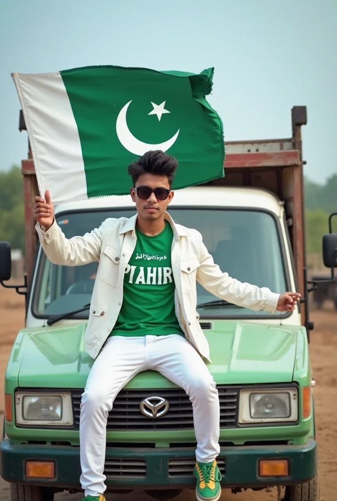 Create an Real image featuring a young man
sitting on the hood of a white and green truck,with Pakistan’s scenic background. He’s holding a flag celebrating Pakistan’s 14th August. The boy wears a green T-shirt with Zargham printed on it, white jacket, white pants, green shoes and sunglasses.