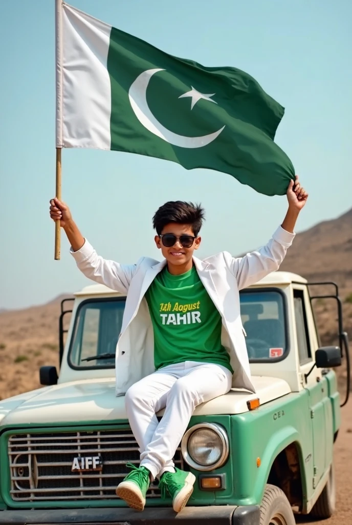 Create an Real image featuring a young man sitting on the hood of a white and green truck, with Pakistan's scenic background. He's holding a flag celebrating Pakistan's 14th August. The boy wears a green T-shirt with 'BILAL Ali' printed on it, white jacket, white pants, green shoes, and sunglasses."