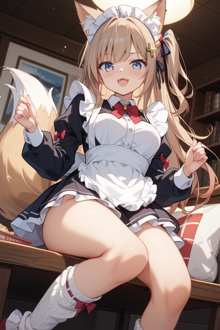 Masterpiece, Best quality, high resolution, 1girll, Solo, Oversized fox tail，(Long brown hair)，Green eyes，Small flower headdress, (9 years old_Cute loli)，Modern architecture，A MILF，At home，Spread your legs， Place your hands between the straddles_ Wet panties，The water in the underwear is running down，wooden floor，ssmile，Blush，close-up from the front，