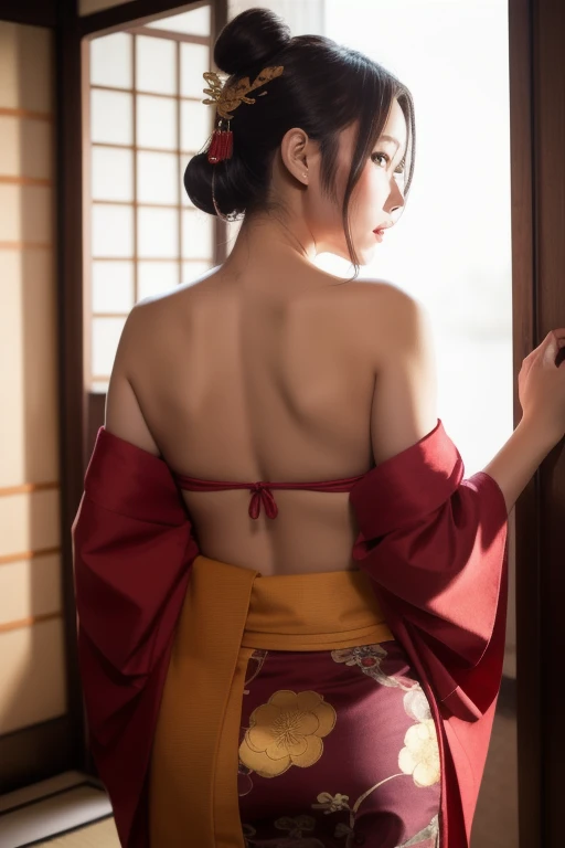 (masterpiece), standing, arched back,sexy ,kimono:0.7,undressed shoulders,best quality, expressive eyes, perfect face, accidental exposure, skirt lift, clothes_pull,