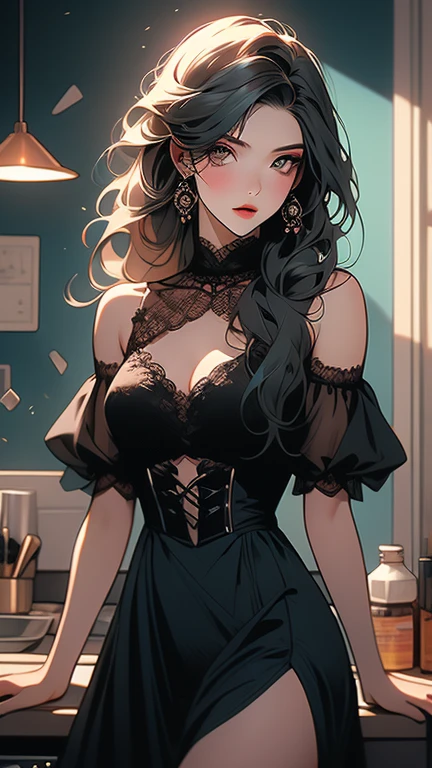 (best quality,masterpiece:1.2,detailed details,4k),((masterpiece)), ((best quality)), (ultra-detailed), anime style,large breast, slim, slender, ashamed, all fours ,Kneeling,Girl with modern gothic makeup, fair skin, long legs, black eyeshadow, camisole, plump figure, earrings and lip studs, fishnet stockings, posing in an attractive pose, lovable expressio