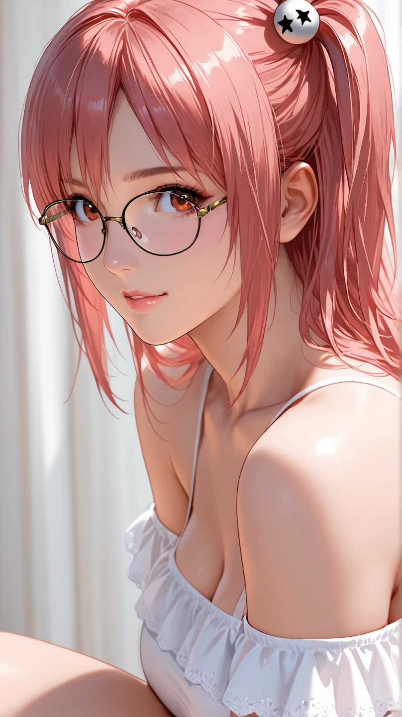 (Masterpiece, BestQuality:1.3), (ultra detailed:1.2), (hyperrealistic:1.3), (RAW photo:1.2), High detail RAW color photo, professional photograph, (Photorealistic:1.4), (realistic:1.4), professional lighting, perfect anatomy, (Big Breasts:1.2), (blush, detailed face), (cheerful Smile:1.5), (Pink Hair:1.5), Trending Hair&Trending Hairカラーをランダムに, earrings, necklace, bracelet, sexly, erotic sexly, Random sexy gravure poses, (Business woman woman、The background is a skyscraper、Cool look、Bobcut、Glasses wearing pose: 1.3)
