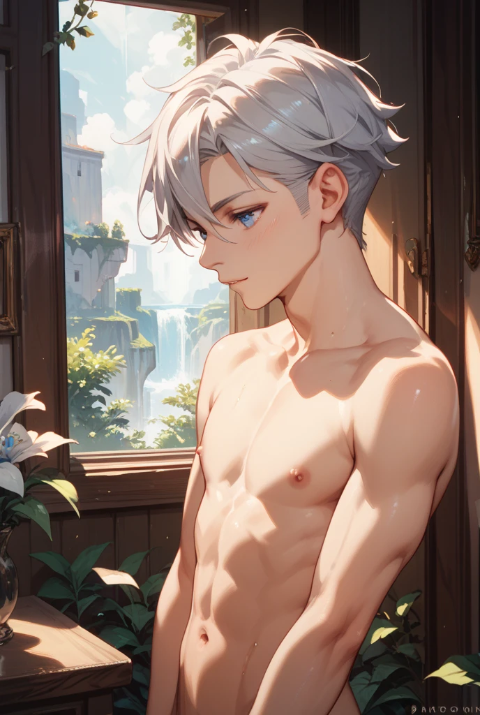 ((Best quality)), ((masterpiece)), (detailed), perfect face, perfect body ,Cute boy, Shy, 10 years, shirtless,, low rise swim trunks, , White hair and blue eyes, very thin, hands up. pixiv winner, Best 4K Quality , flat stomach without abs, realistic shadows and lighting, detailed body and face, short stature