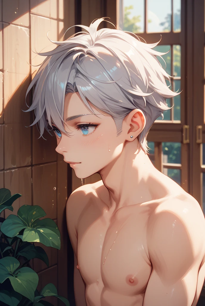 (absurdres, highres, ultra detailed, HDR), masterpiece, best quality, a boy, 10 yo, solo, handsome, short hair,spiky hair, white hair, blue eye, finely eye and detailed face, real shadow, topless, full body, white towel around his waist, home style muji, on bathtub, mood alone