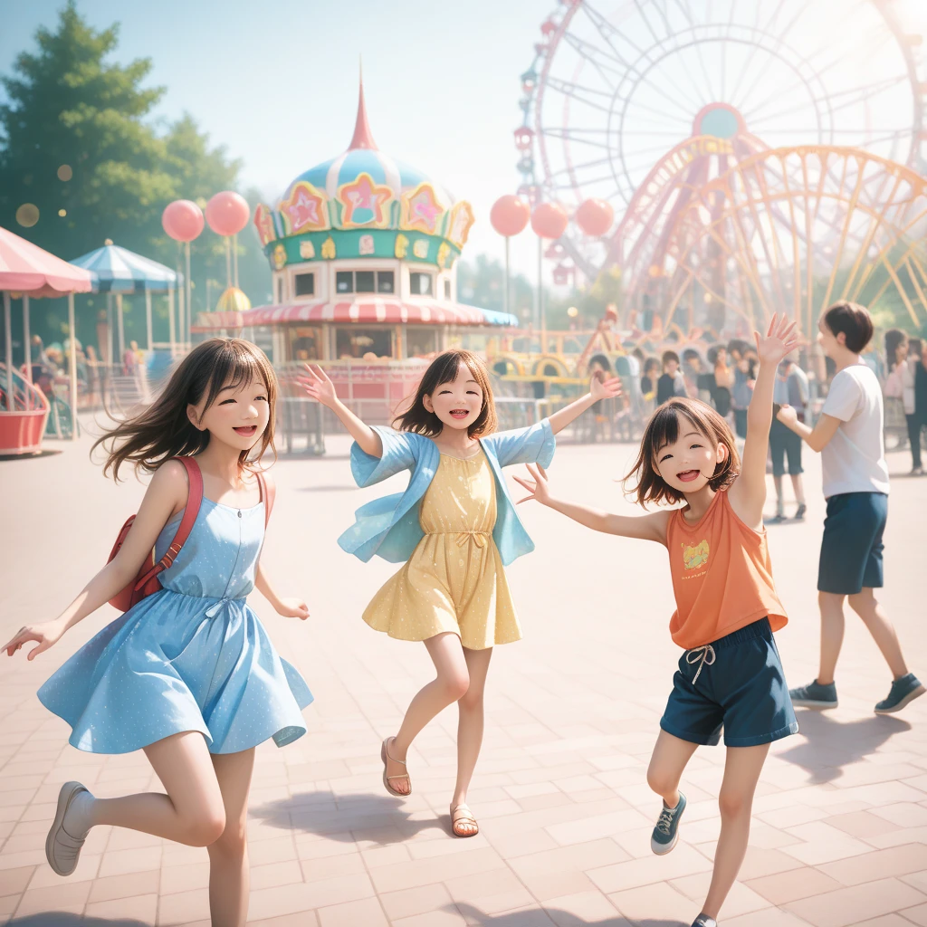 Poster making, Children's Day, in the amusement park, a little girl holding a balloon, happy, jumping, happy --v 6
