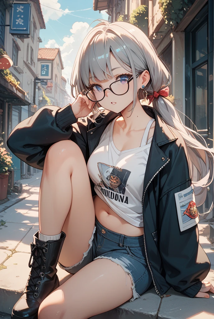 ((high quality)), ((masterpiece)), 8k,artwork, realistic, extremely detailed, game, shy smile, woman, straight short hair, white hair, hair style Short bob, nerd, delicate, social clothing, high school clothes, white shirt, black skirt, short skirt, full body, sneakers style All Star red medium barrel, black glasses, large glasses, brown eyes,